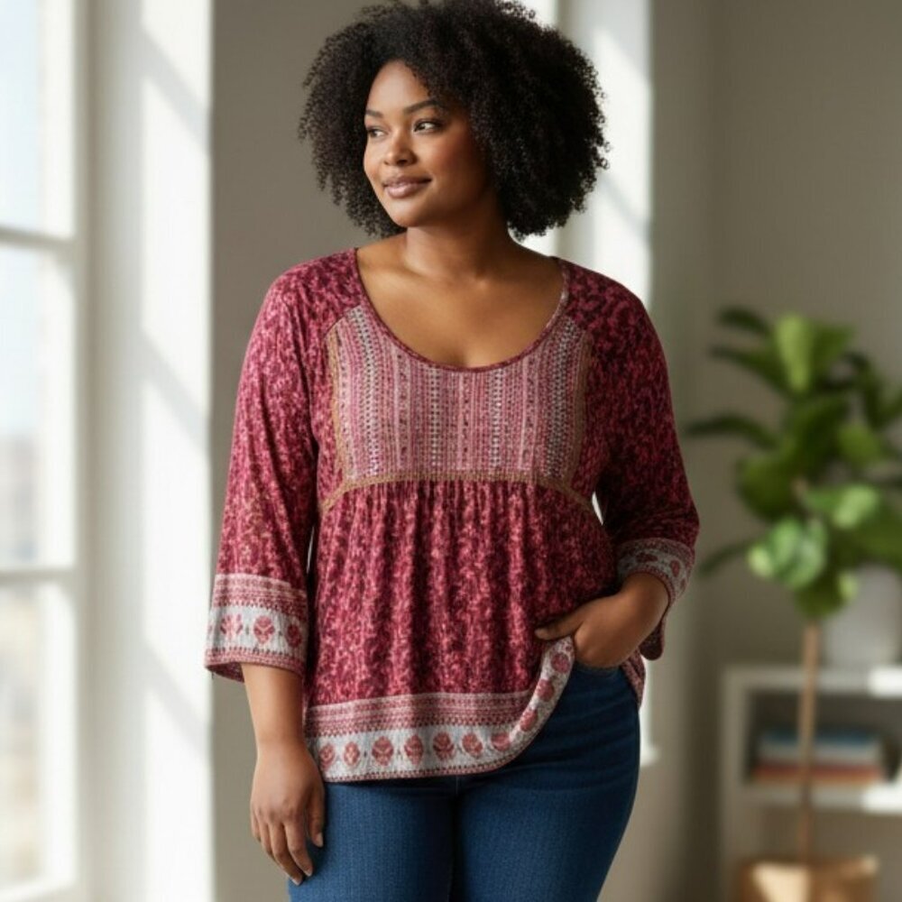 Unity Womens 2X Burgunday Printed 3/4 Sleeve Round Neck Tunic Top Shirt Blouse